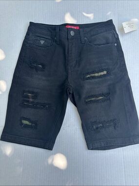 New GUESS Black Ripped Denim Mens Shorts
